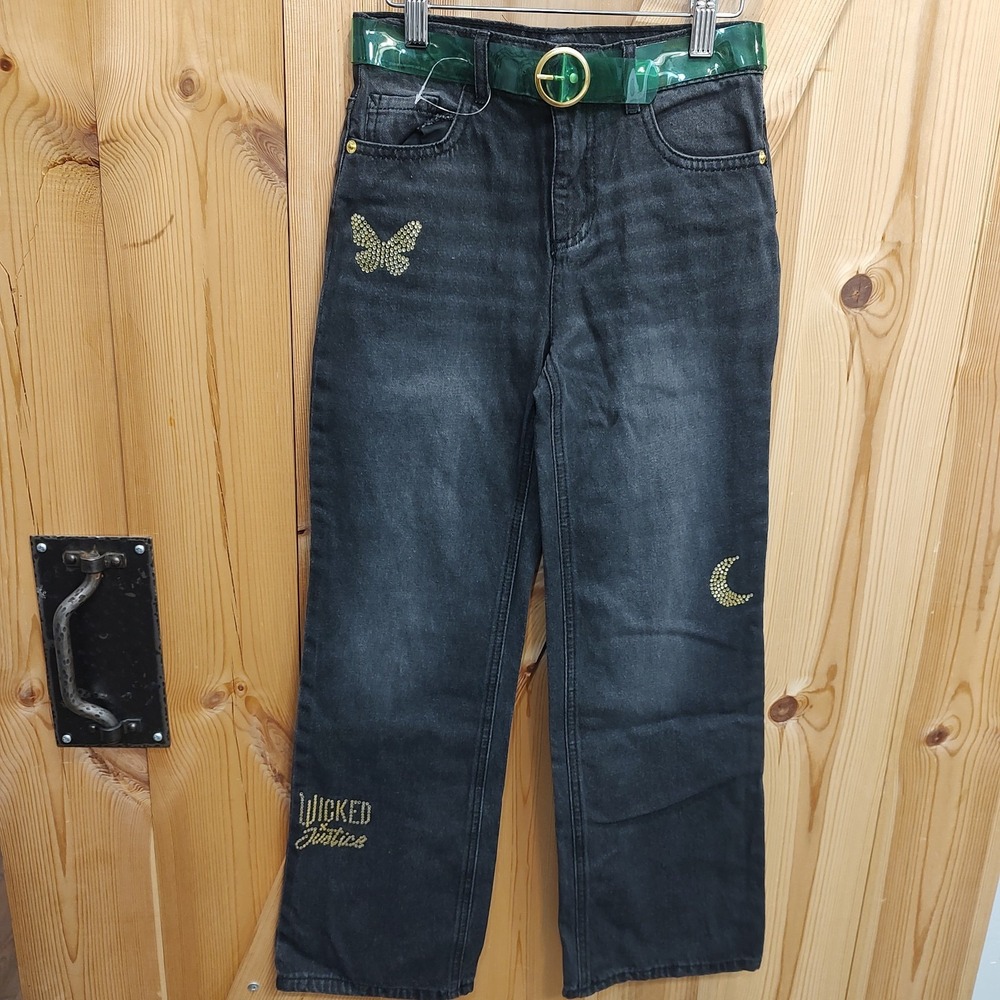 Wicked Justice Girls Soft Stretchy‎ Comfy Baggy Jeans Sz 10 Black Belt Flare Leg